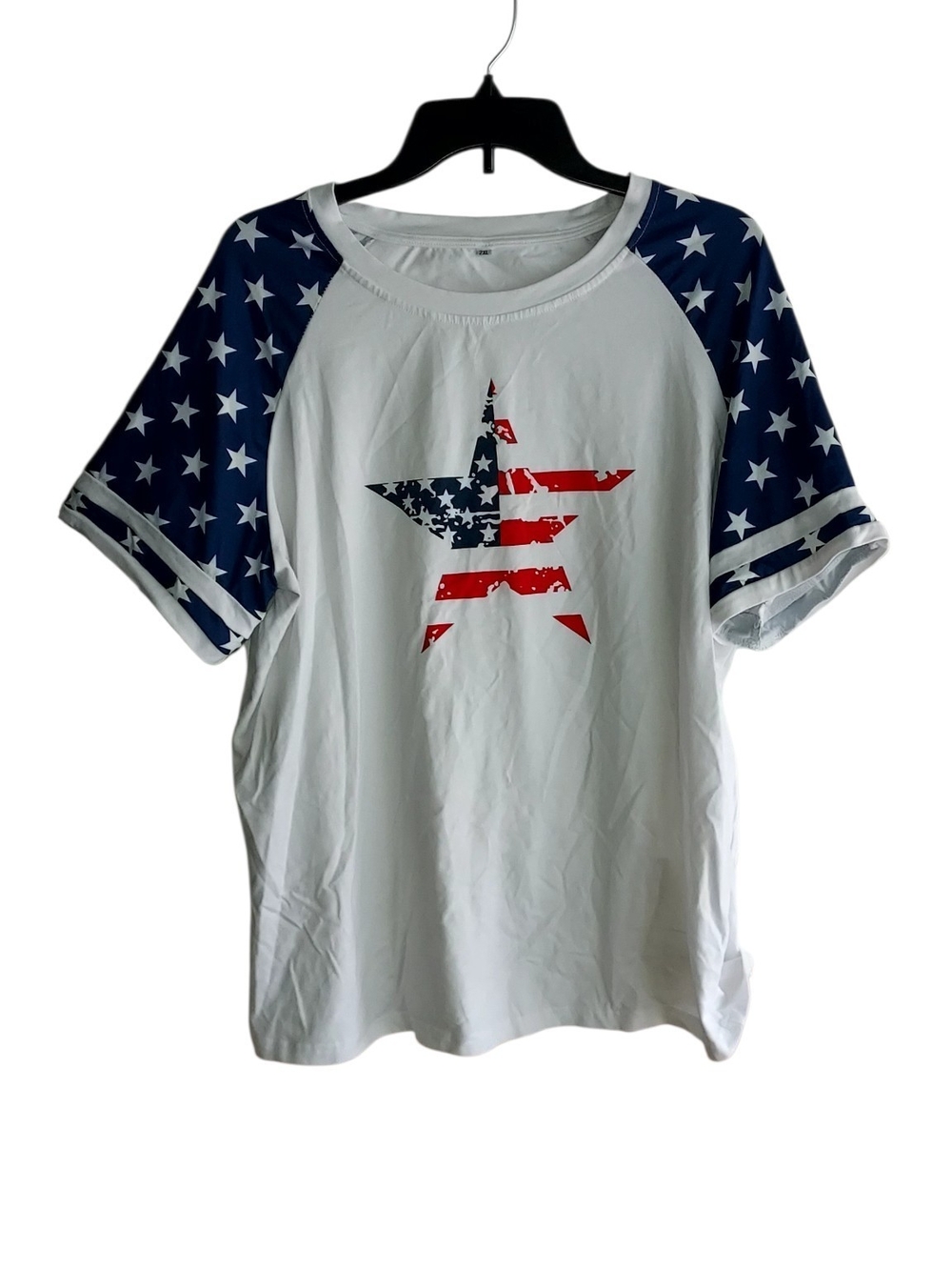 White Raglan Tee with Blue Star Sleeve and Flag Star Graphic